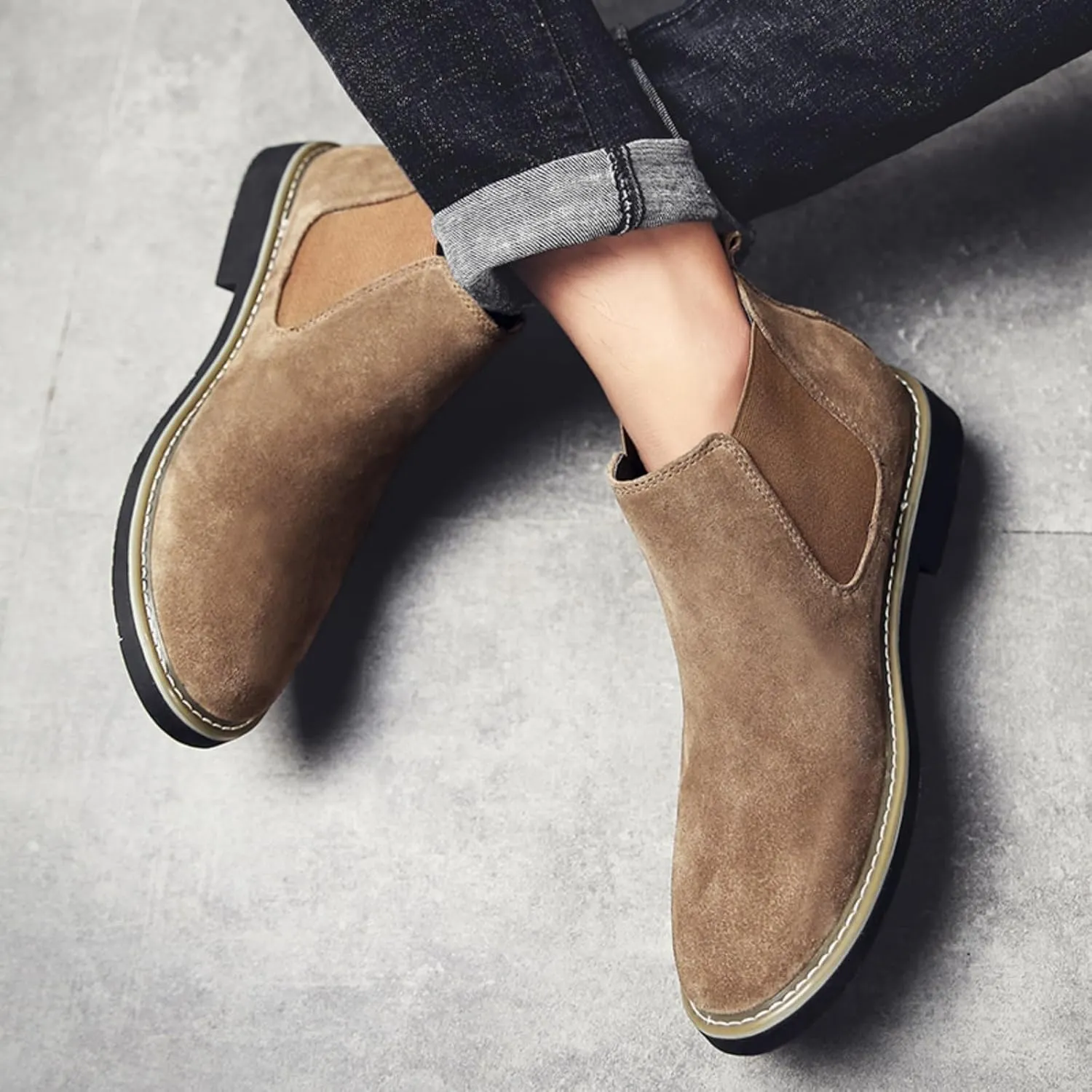 Mens Suede Leather Slip On Classic Chelsea Ankle Boots Retro Casual Low Heels Chukka Elastic Dress Boots for Walking Daily Driving