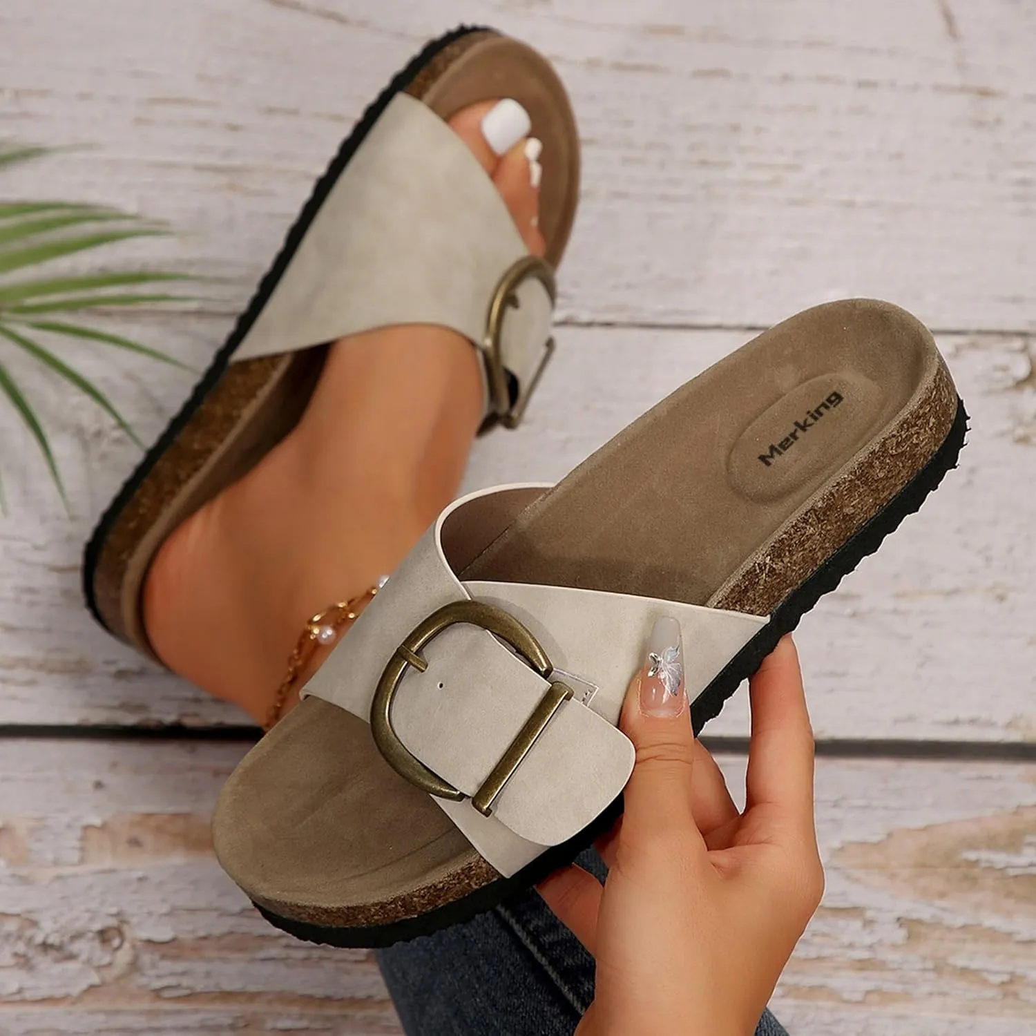 Merking Women's Cork Footbed Sandal Adjustable Buckle Beach Casual Open Toe Slides