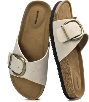 Merking Women's Cork Footbed Sandal Adjustable Buckle Beach Casual Open Toe Slides