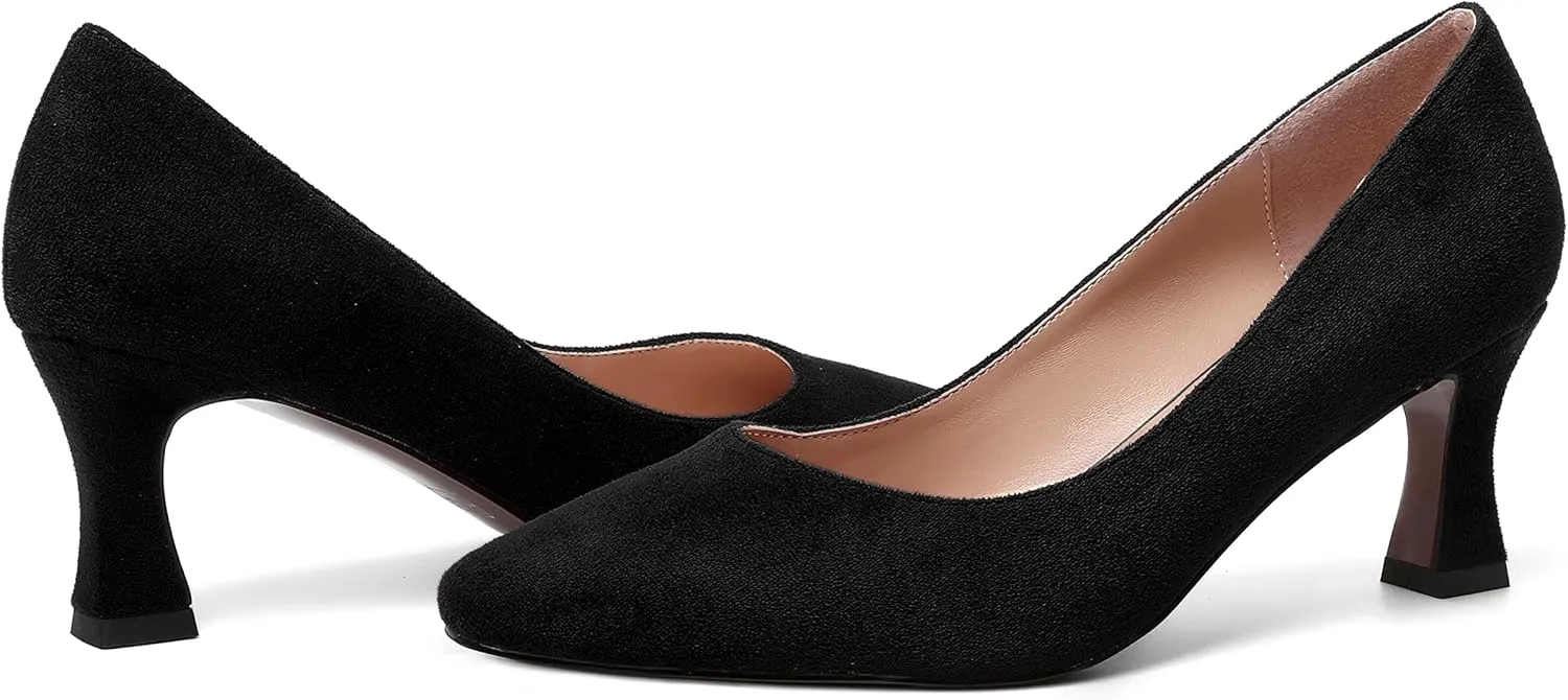 MERRORI Womens Pointed Toe Suede Casual Solid Office Slip On Kitten Mid Heel Pumps Shoes 2.5 Inch