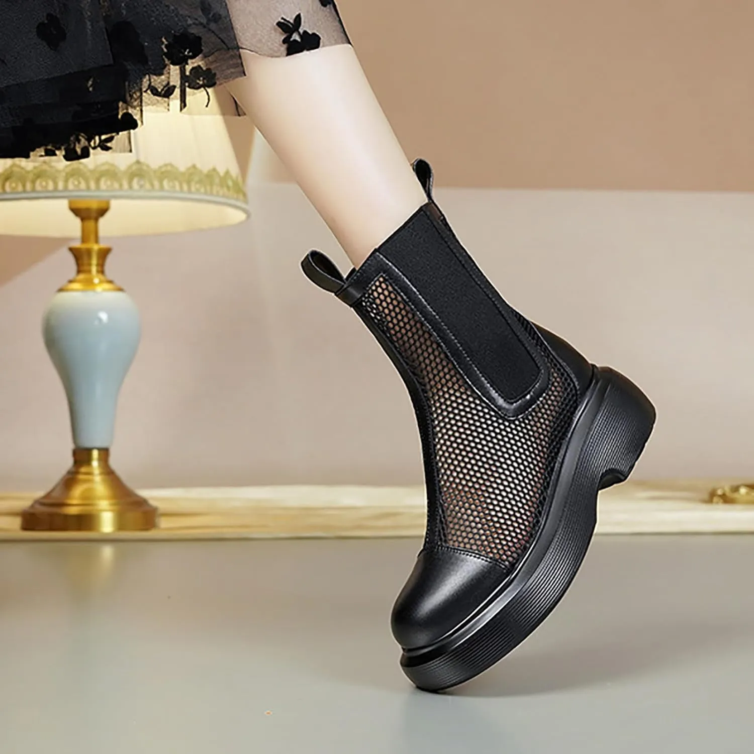Mesh Boots for Women Breathable Platform Ankle Booties Elastic Mid Calf Boot with Side Zipper