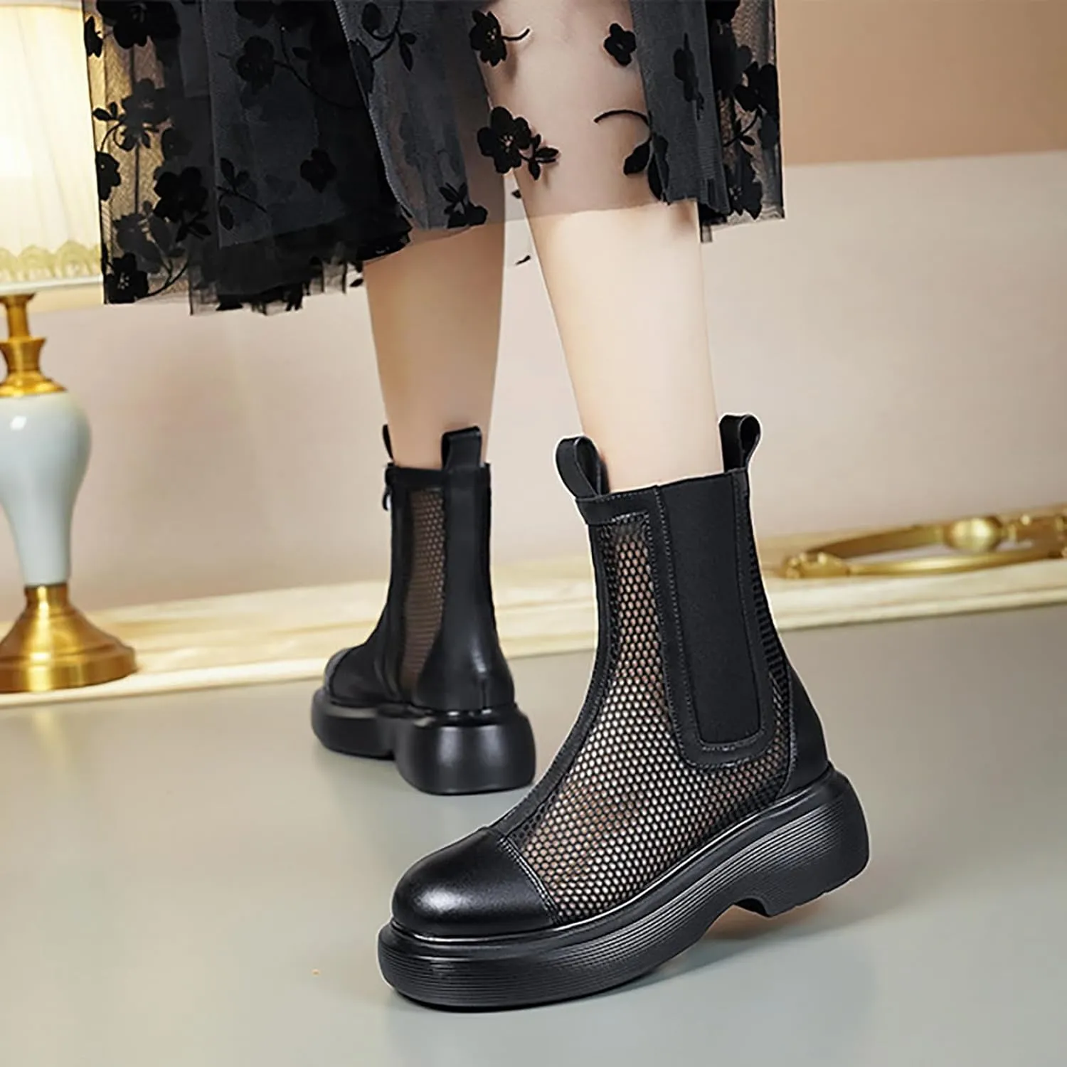 Mesh Boots for Women Breathable Platform Ankle Booties Elastic Mid Calf Boot with Side Zipper