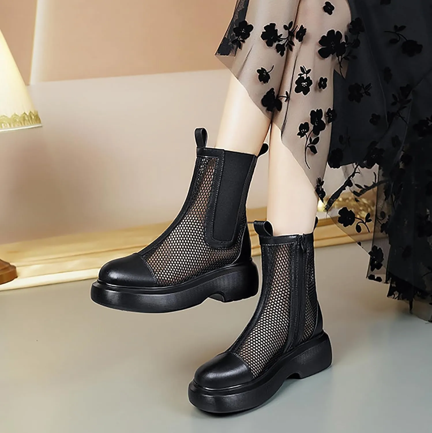 Mesh Boots for Women Breathable Platform Ankle Booties Elastic Mid Calf Boot with Side Zipper