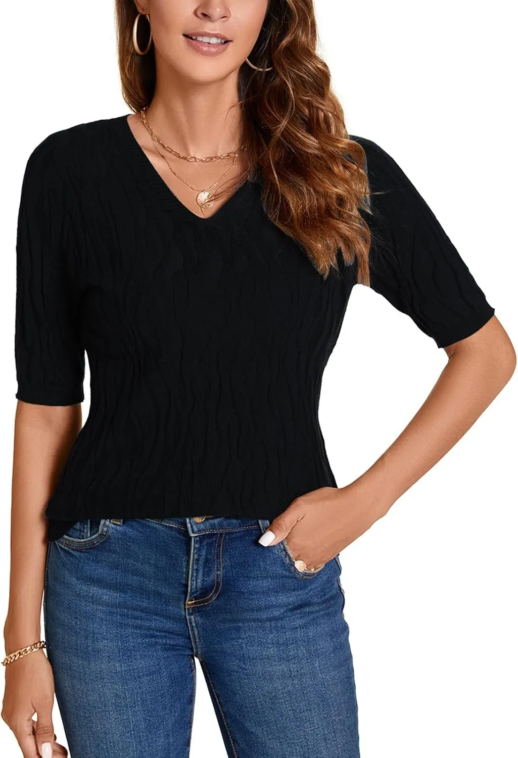 MINTLIMIT Womens Short Sleeve Sweater Summer Pullover Shirt Tops Texture V Neck Casual Knit Tees Tops