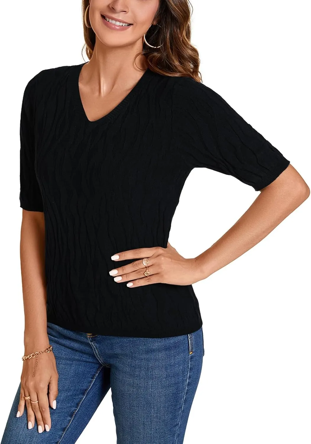 MINTLIMIT Womens Short Sleeve Sweater Summer Pullover Shirt Tops Texture V Neck Casual Knit Tees Tops
