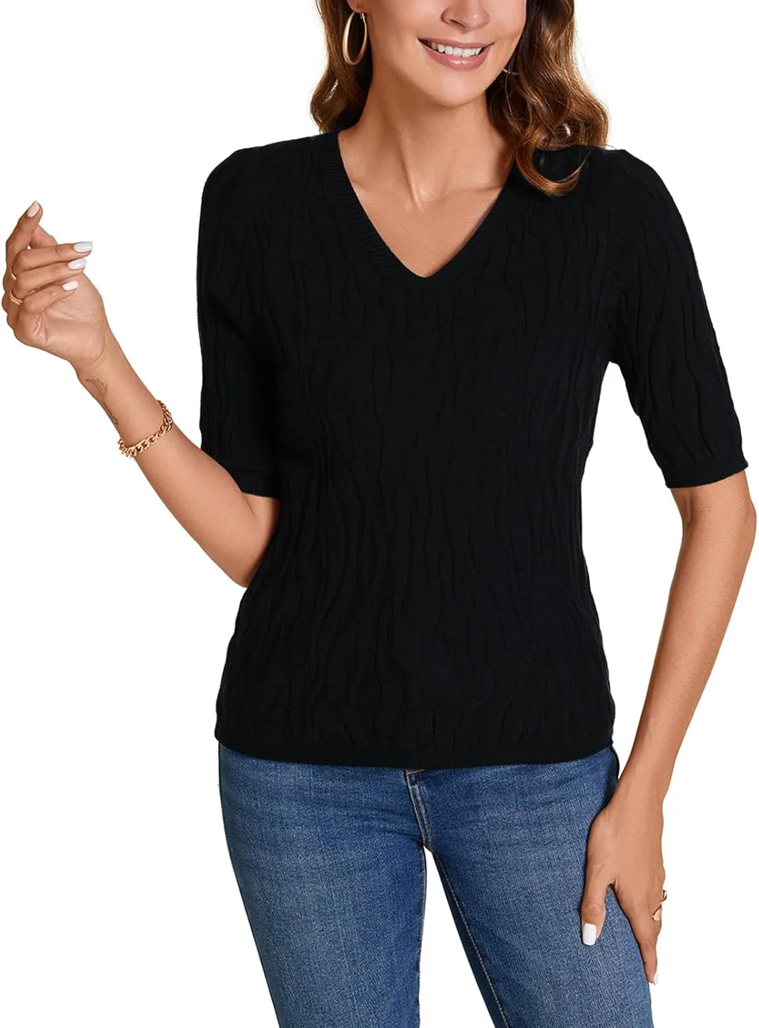 MINTLIMIT Womens Short Sleeve Sweater Summer Pullover Shirt Tops Texture V Neck Casual Knit Tees Tops
