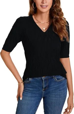 MINTLIMIT Womens Short Sleeve Sweater Summer Pullover Shirt Tops Texture V Neck Casual Knit Tees Tops