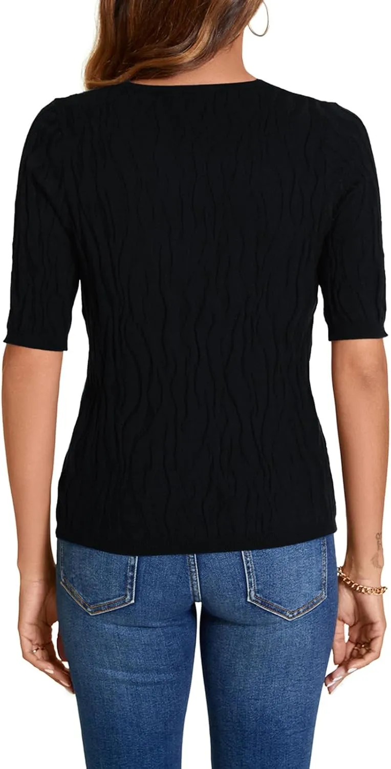 MINTLIMIT Womens Short Sleeve Sweater Summer Pullover Shirt Tops Texture V Neck Casual Knit Tees Tops