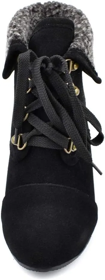 MIOKE Women's Winter Fur Wedge Ankle Boots Suede Round Toe Lace Up Chunky High Heel Cuff Dressy Short Bootie