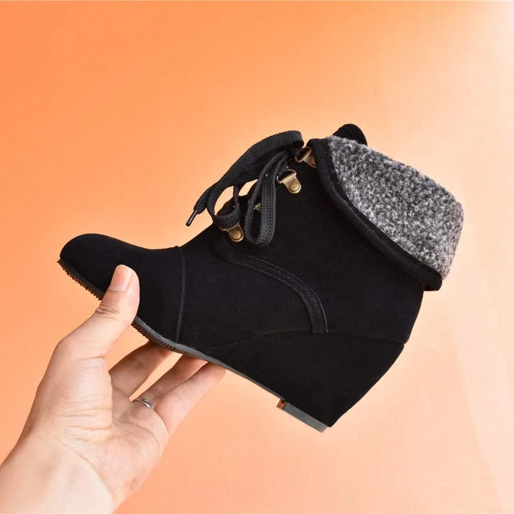 MIOKE Women's Winter Fur Wedge Ankle Boots Suede Round Toe Lace Up Chunky High Heel Cuff Dressy Short Bootie