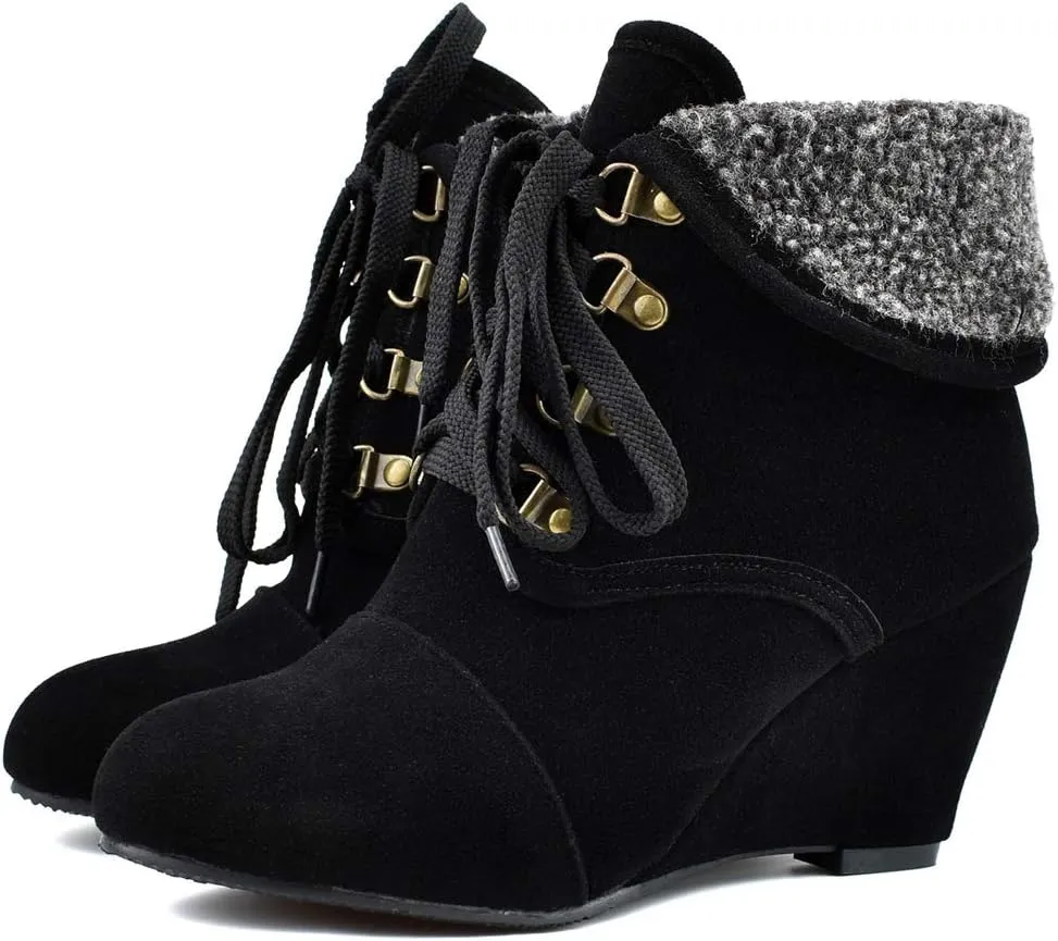 MIOKE Women's Winter Fur Wedge Ankle Boots Suede Round Toe Lace Up Chunky High Heel Cuff Dressy Short Bootie