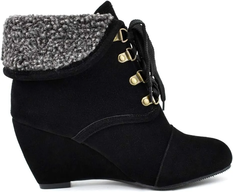 MIOKE Women's Winter Fur Wedge Ankle Boots Suede Round Toe Lace Up Chunky High Heel Cuff Dressy Short Bootie
