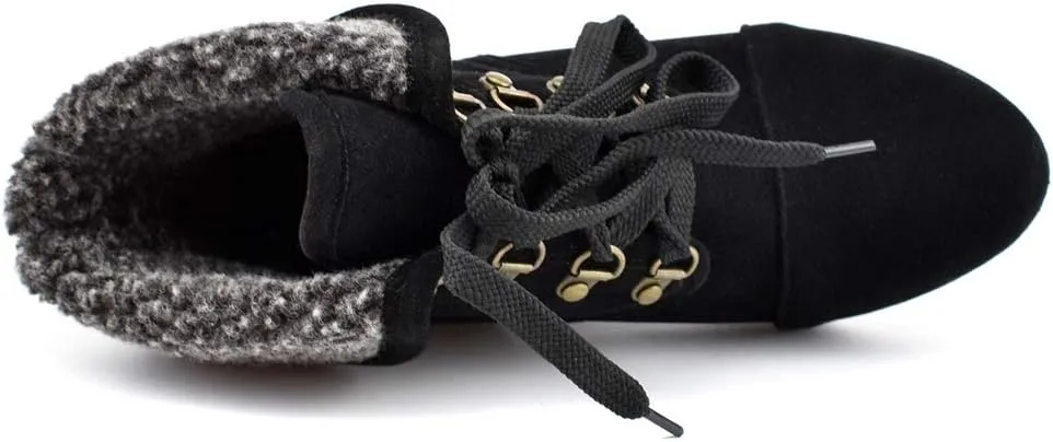 MIOKE Women's Winter Fur Wedge Ankle Boots Suede Round Toe Lace Up Chunky High Heel Cuff Dressy Short Bootie