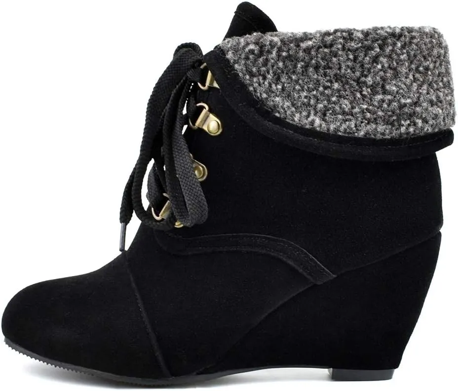 MIOKE Women's Winter Fur Wedge Ankle Boots Suede Round Toe Lace Up Chunky High Heel Cuff Dressy Short Bootie