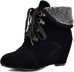 MIOKE Women's Winter Fur Wedge Ankle Boots Suede Round Toe Lace Up Chunky High Heel Cuff Dressy Short Bootie
