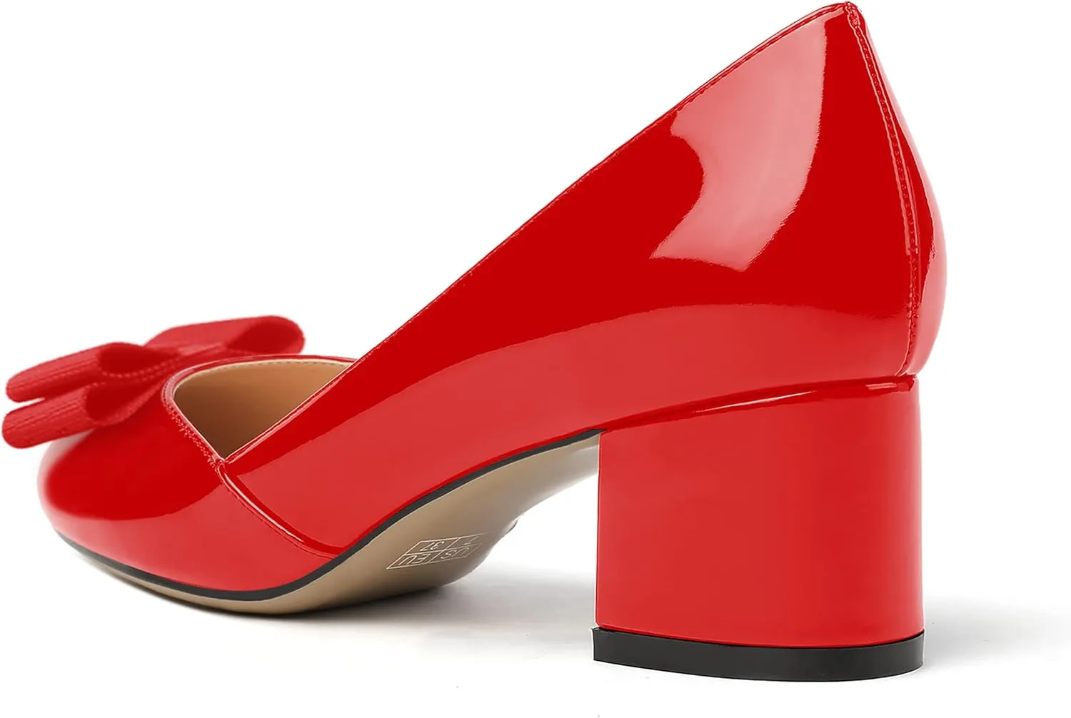 MODENCOCO Women's Round Toe Bow Slip On Patent Chunky Low Heel Pumps Office Work Dress Shoes 2 Inch