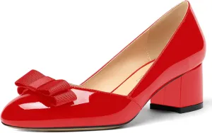 MODENCOCO Women's Round Toe Bow Slip On Patent Chunky Low Heel Pumps Office Work Dress Shoes 2 Inch