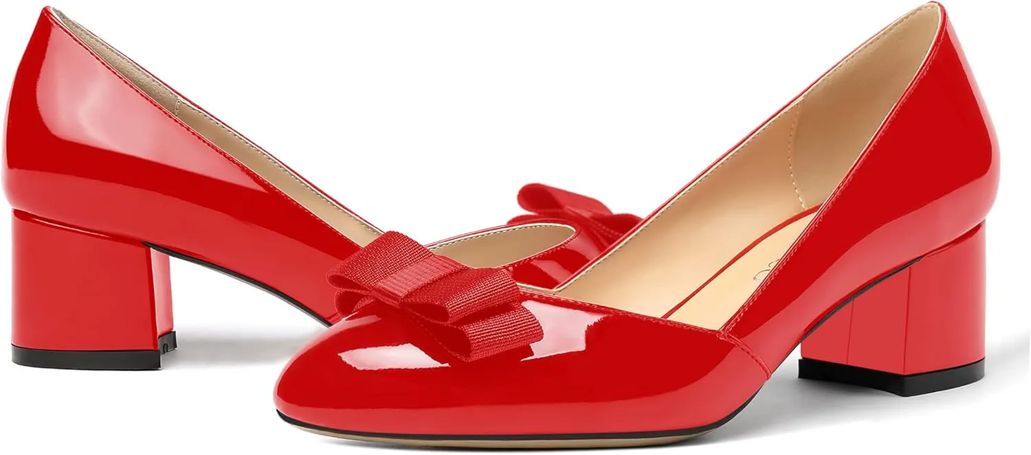 MODENCOCO Women's Round Toe Bow Slip On Patent Chunky Low Heel Pumps Office Work Dress Shoes 2 Inch