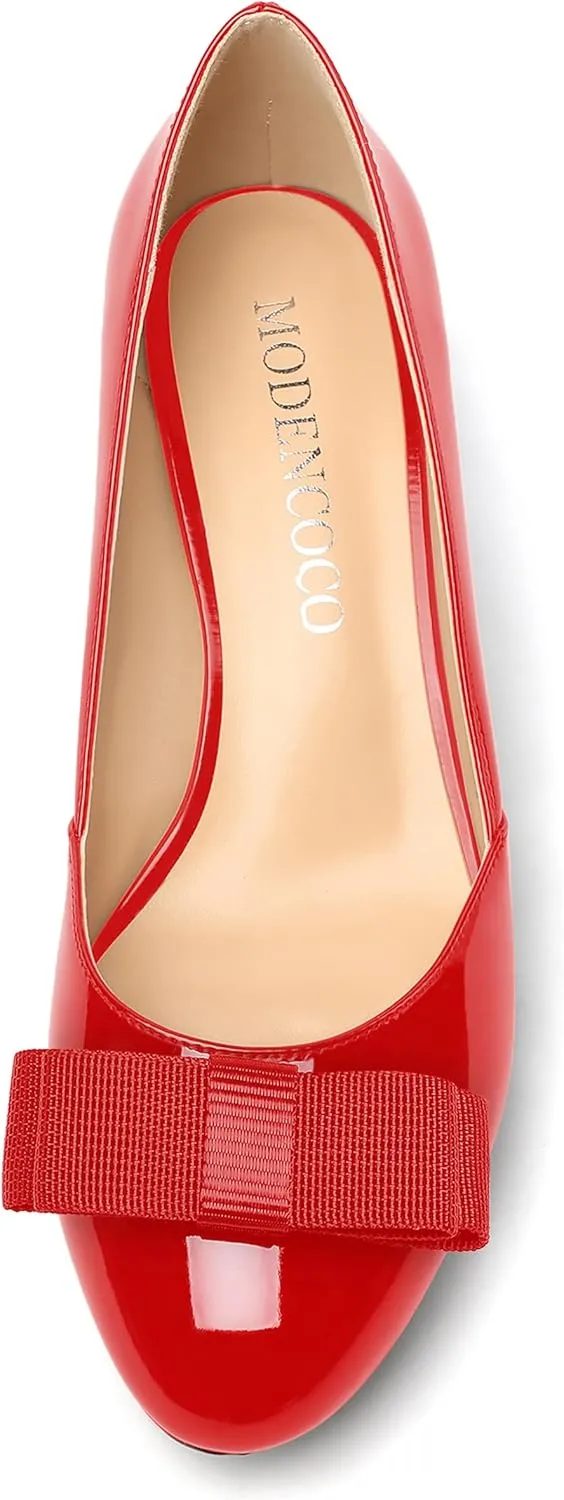 MODENCOCO Women's Round Toe Bow Slip On Patent Chunky Low Heel Pumps Office Work Dress Shoes 2 Inch