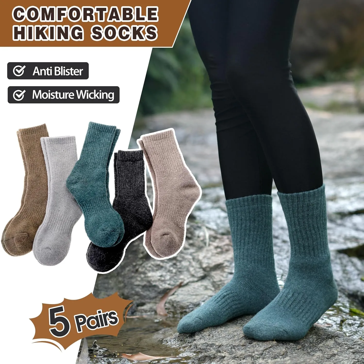 MOGGEI 5 Pairs Womens Merino Wool Socks Hiking Warm Winter Thick Thermal Crew Cozy Cabin Ladies Gift Comfy Boot Work Socks