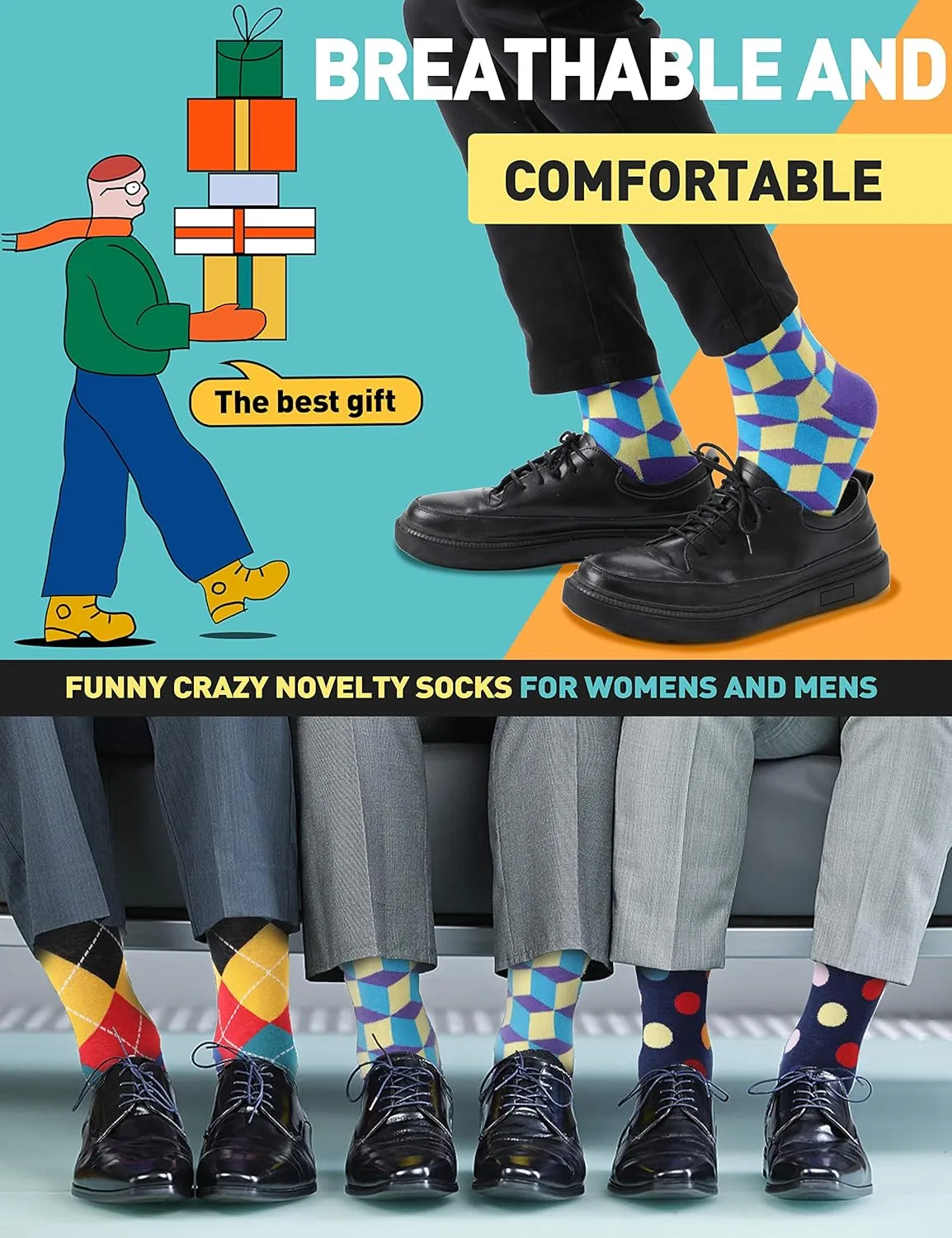 MOGGEI Funny Socks for Men Women Fun Cozy Crazy Novelty Fashion Cotton Boot Breathable Printed 6 Pairs