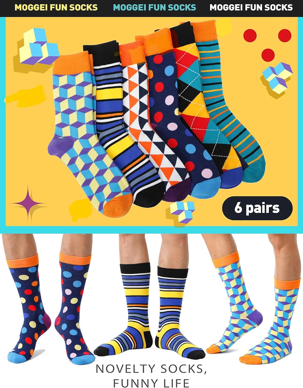 MOGGEI Funny Socks for Men Women Fun Cozy Crazy Novelty Fashion Cotton Boot Breathable Printed 6 Pairs