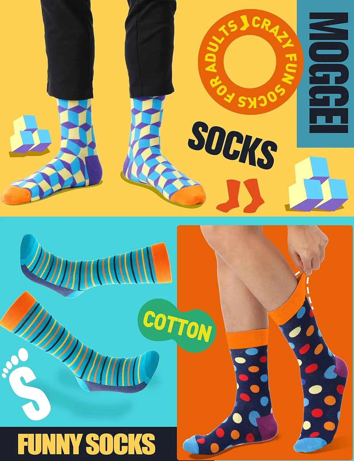 MOGGEI Funny Socks for Men Women Fun Cozy Crazy Novelty Fashion Cotton Boot Breathable Printed 6 Pairs