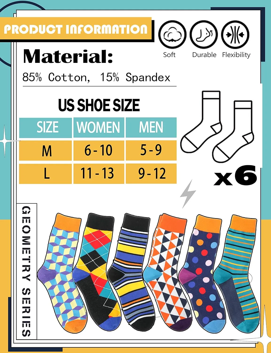 MOGGEI Funny Socks for Men Women Fun Cozy Crazy Novelty Fashion Cotton Boot Breathable Printed 6 Pairs