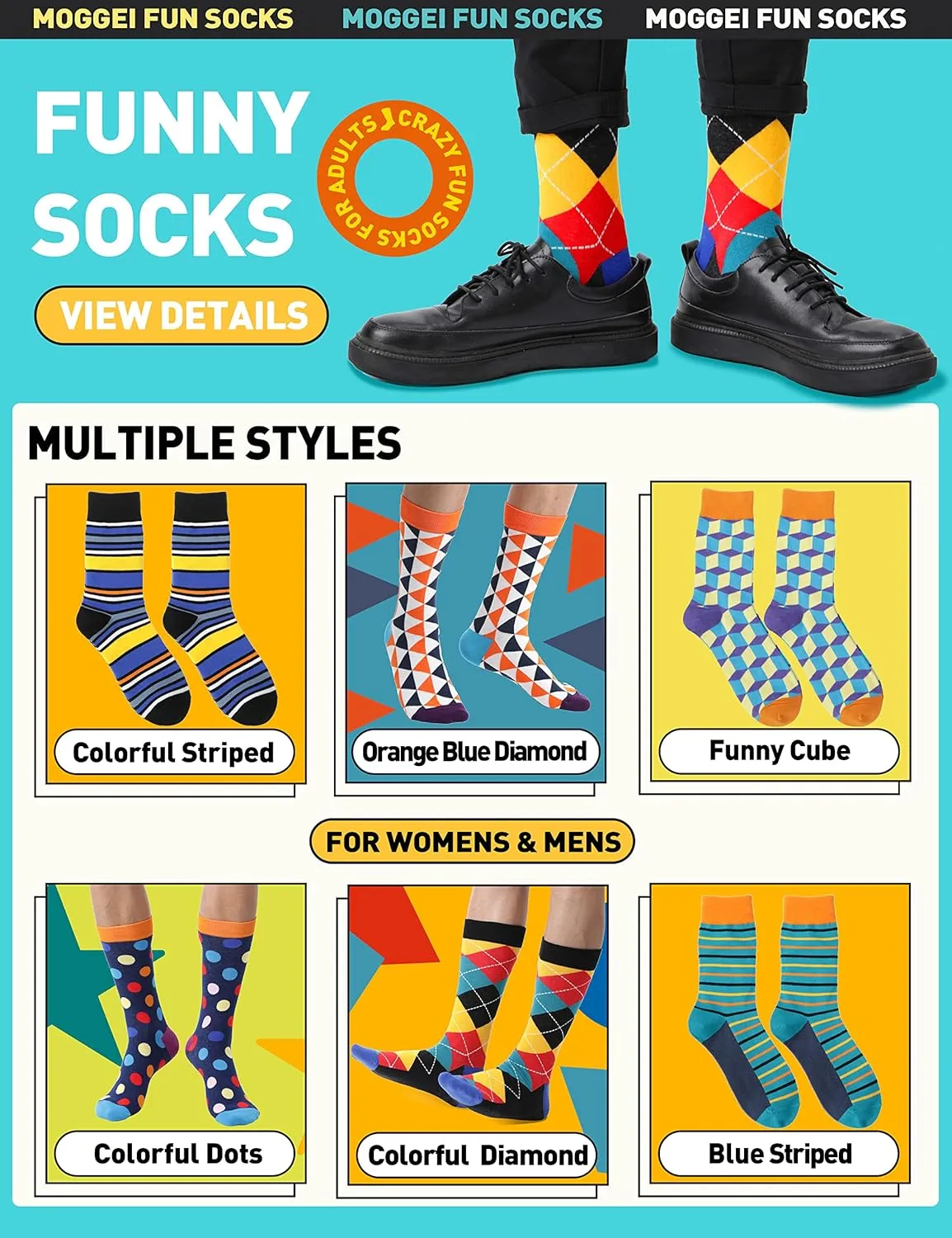 MOGGEI Funny Socks for Men Women Fun Cozy Crazy Novelty Fashion Cotton Boot Breathable Printed 6 Pairs