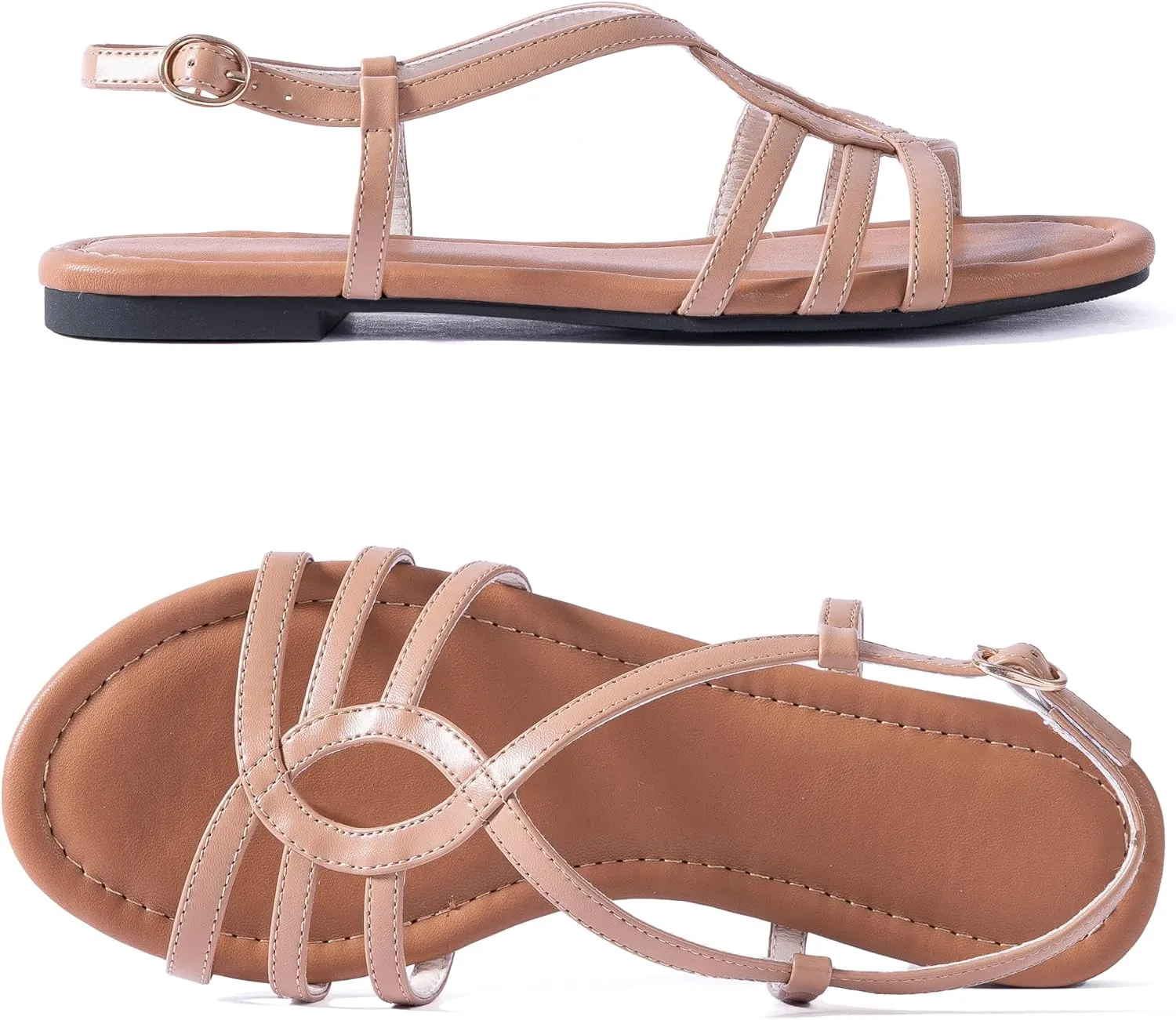 Mtzyoa Women Strappy Flat Sandals Gladiator Dressy Ankle Strap Summer Vacation Comfort Leather Ladies Casual Party Trendy