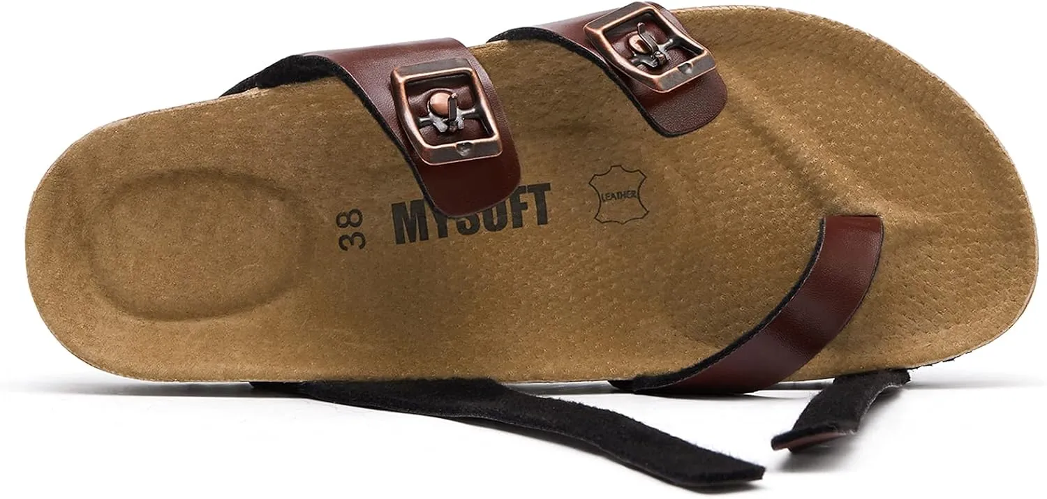 mysoft Women's Cork Footbed Sandals Double Adjustable Buckle Slide Sandals Slip On Walking Summer Shoes