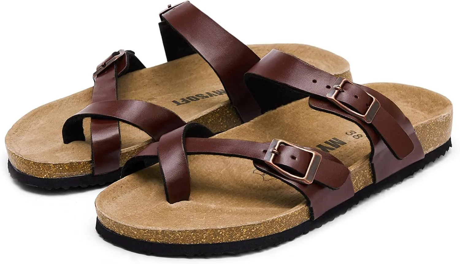 mysoft Women's Cork Footbed Sandals Double Adjustable Buckle Slide Sandals Slip On Walking Summer Shoes