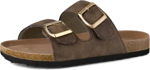 mysoft Womens Flat Sandals Cork Footbed Slides 2 Straps Adjustable Buckle Slip On Summer with  Comfort Shoes