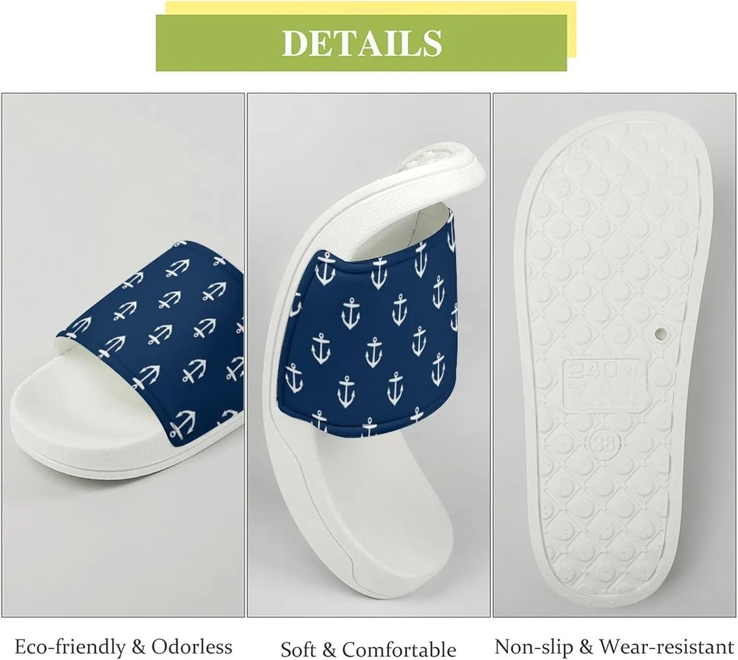 Navy Anchor House Sandals Non-Slip Open Toe Slippers for Massage Shower Spa Bath
