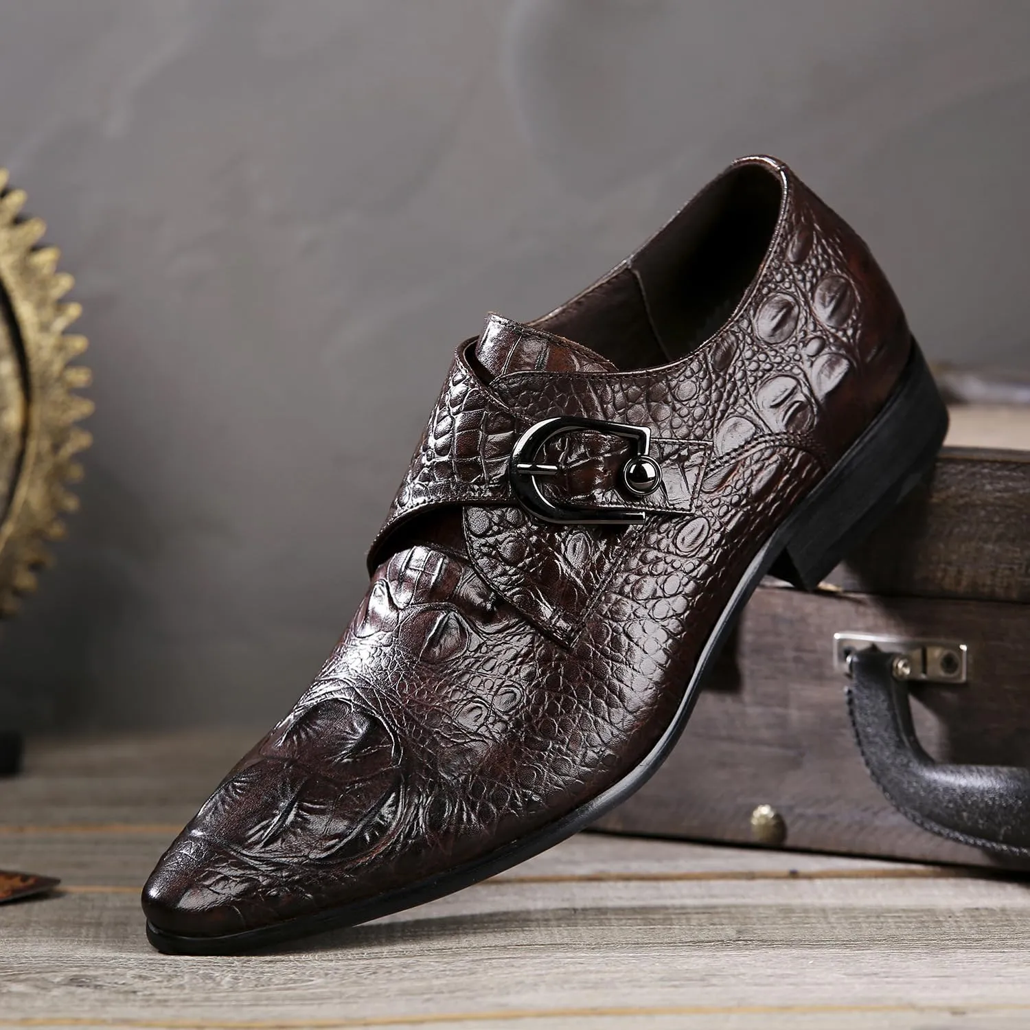 New Dress Oxford Shoes for Men Slip On Crocodile Print Monk Strap Genuine Leather Pointed Toe Non Slip Block Heel Slip Resistant Rubber Sole Casual