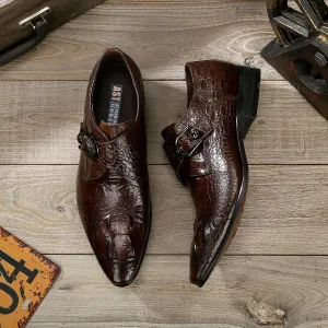 New Dress Oxford Shoes for Men Slip On Crocodile Print Monk Strap Genuine Leather Pointed Toe Non Slip Block Heel Slip Resistant Rubber Sole Casual
