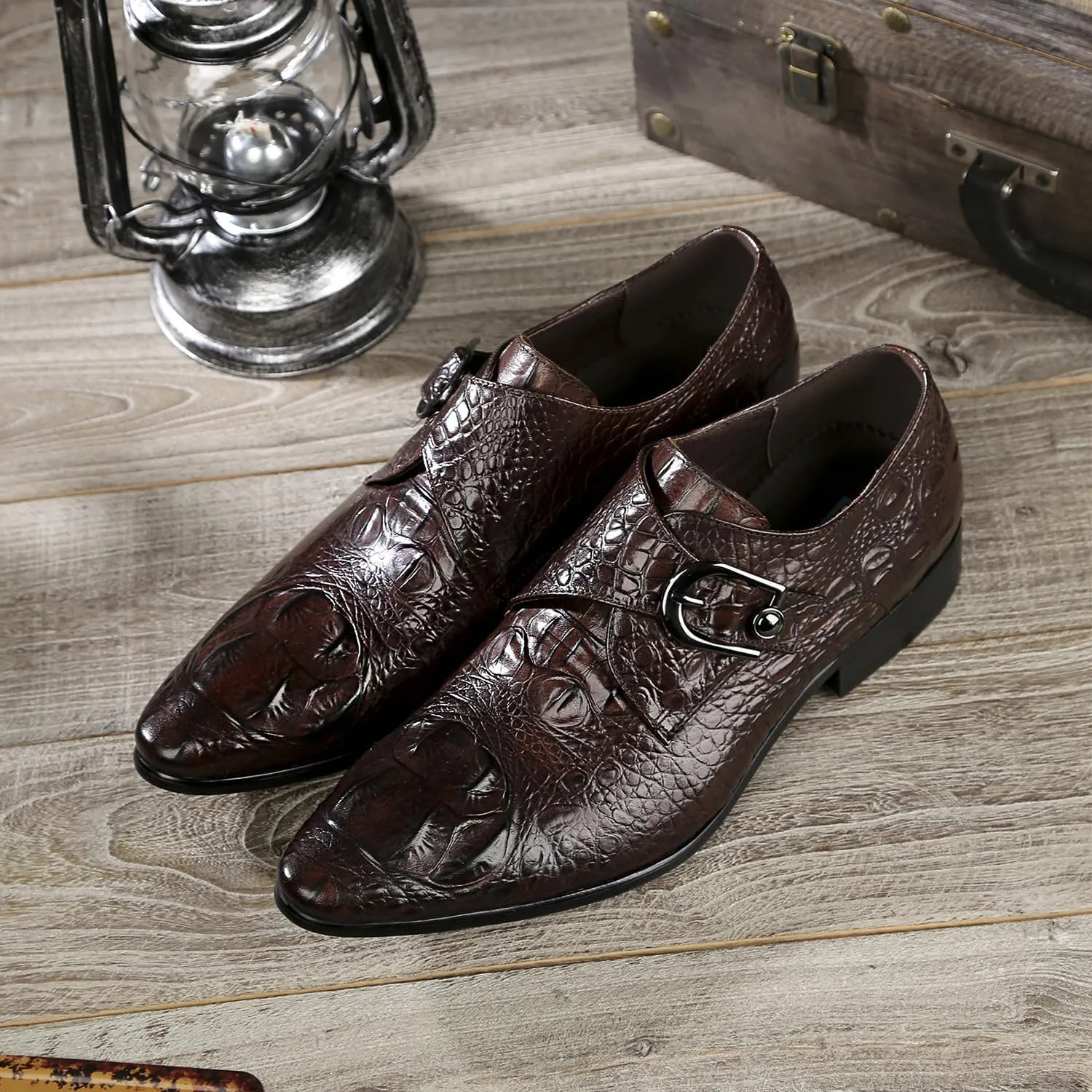 New Dress Oxford Shoes for Men Slip On Crocodile Print Monk Strap Genuine Leather Pointed Toe Non Slip Block Heel Slip Resistant Rubber Sole Casual