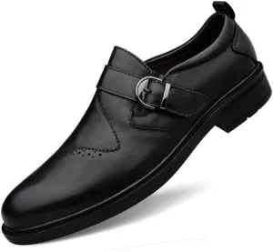 New Dress Shoes for Men Slip On Round Toe Monk Strap Cowhide Anti-Slip Block Heel Non Slip Working