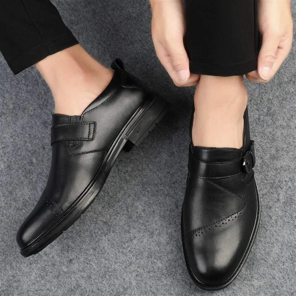 New Dress Shoes for Men Slip On Round Toe Monk Strap Cowhide Anti-Slip Block Heel Non Slip Working