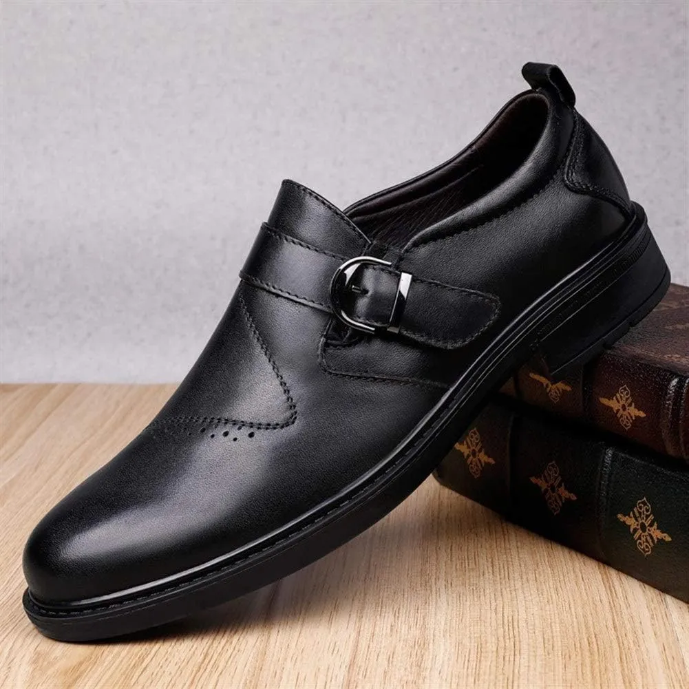 New Dress Shoes for Men Slip On Round Toe Monk Strap Cowhide Anti-Slip Block Heel Non Slip Working