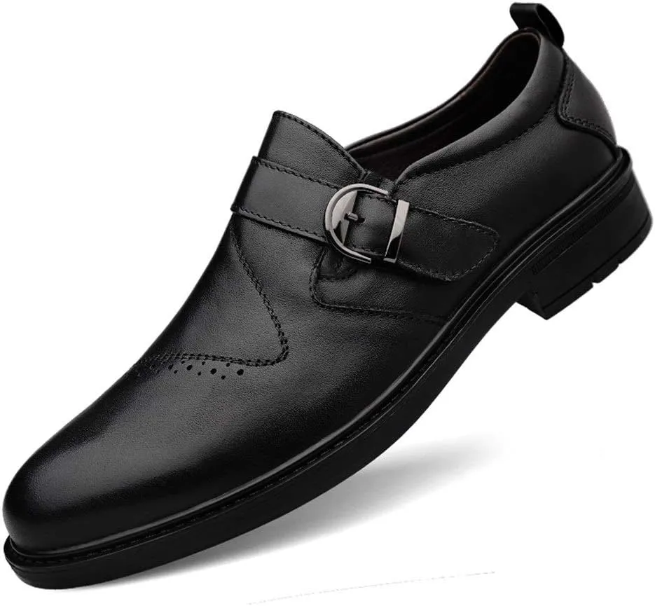 New Dress Shoes for Men Slip On Round Toe Monk Strap Cowhide Anti-Slip Block Heel Non Slip Working