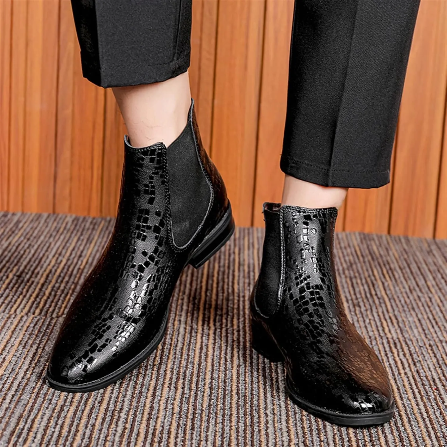 New Men's Chelsea Ankle Boots Crocodile Print Elastic Bandage Cowhide Leather Slip On Anti-slip Non Slip Wearable Formal Pull On