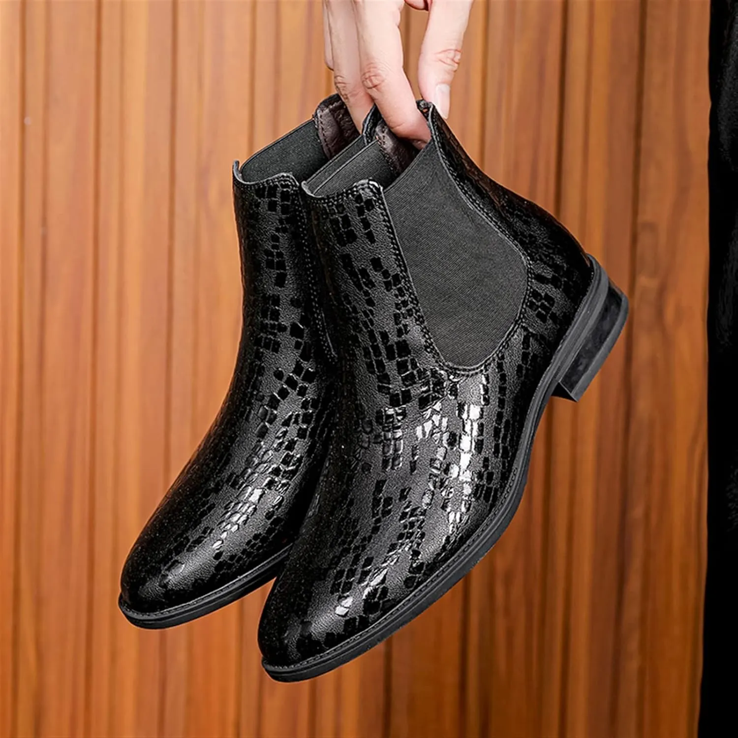 New Men's Chelsea Ankle Boots Crocodile Print Elastic Bandage Cowhide Leather Slip On Anti-slip Non Slip Wearable Formal Pull On