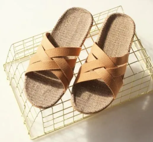 New Men's Summer Outdoor Beach Flip Flops Solid Cross Linen Slippers Indoor Bathroom Hotel Home Slippers Men Slides Flat Sandals