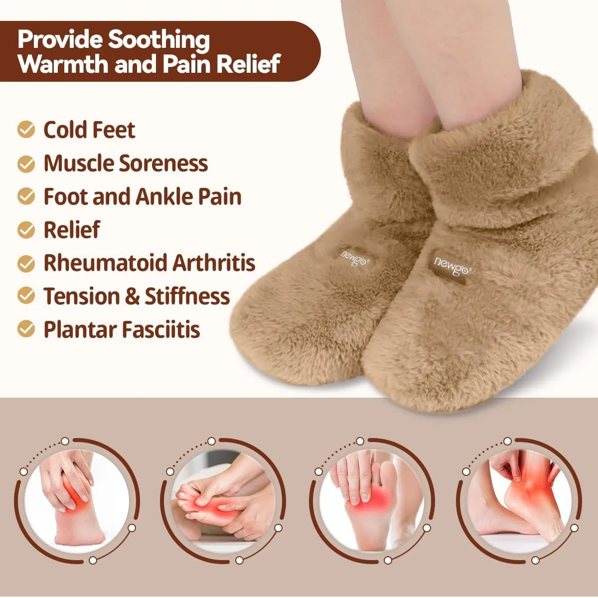 NEWGO Microwaveable Booties Foot Warmers Aching Feet Relief, Heating Pad for Foot Heated Slippers for Cold Feet, Achilles Tendinitis, Plantar Fasciitis, Muscle Soreness, Ankle Pain Relief - Brown