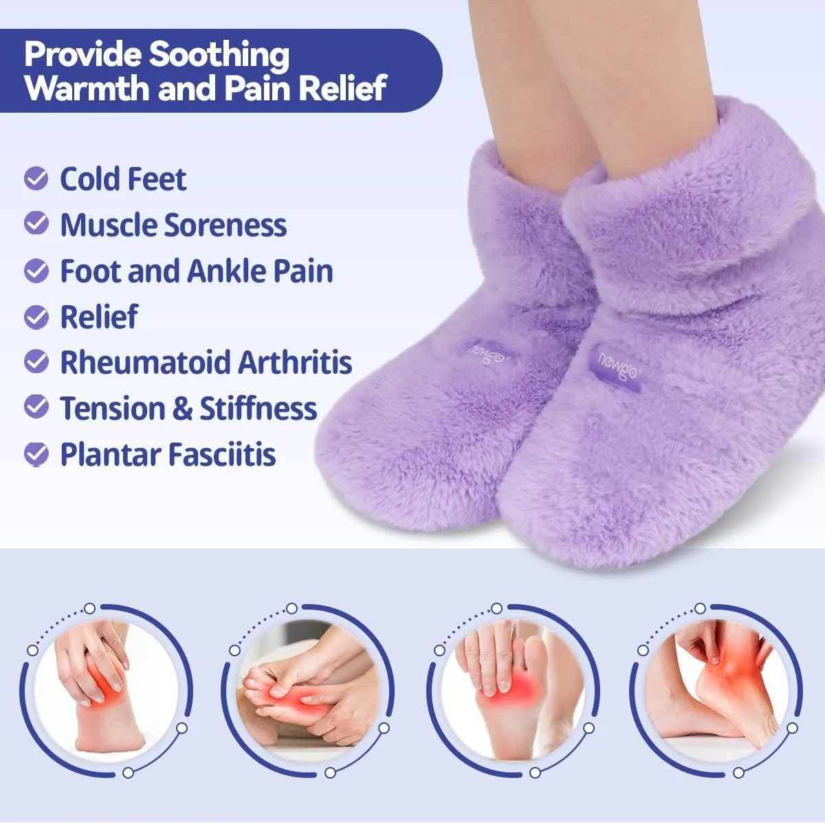NEWGO Microwaveable Booties Foot Warmers Aching Feet Relief, Heating Pad for Foot Heated Slippers for Cold Feet, Achilles Tendinitis, Plantar Fasciitis, Muscle Soreness, Ankle Pain Relief - Purple