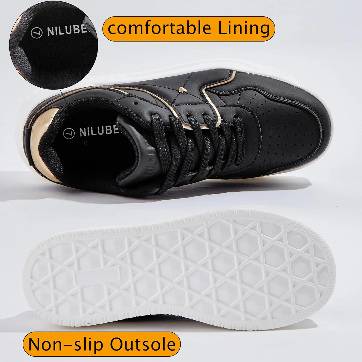 Niluber Women's Platform Sneakers Leather Low Top Tennis Shoes Lace Up Casual Walking Shoes