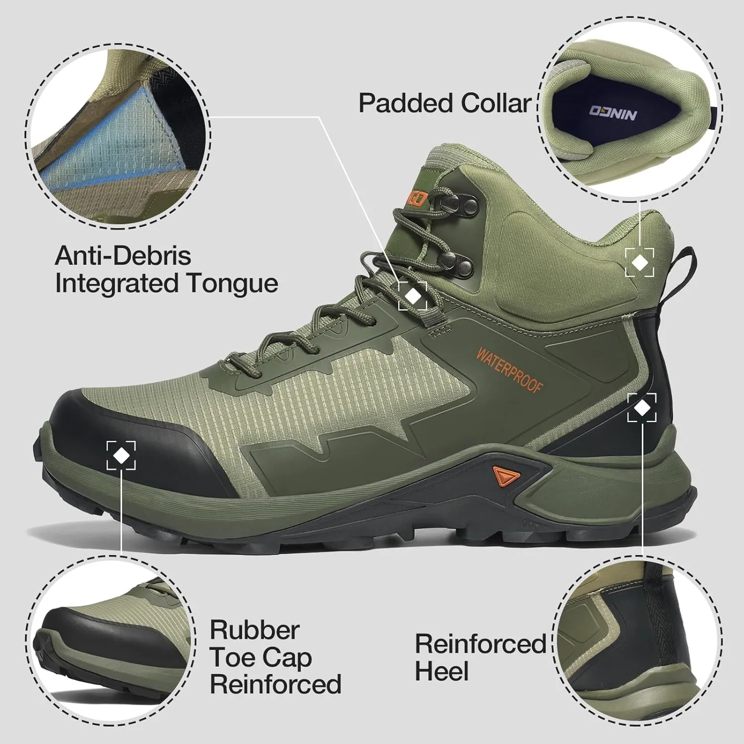 NINGO Men's Hiking Boots Waterproof Hiking Shoes Trail Shoes Lightweight Trekking Boots Comfortable Breathable Outdoor Boot Mid Ankle Boot for Camping, Backpacking, Mountain Trails