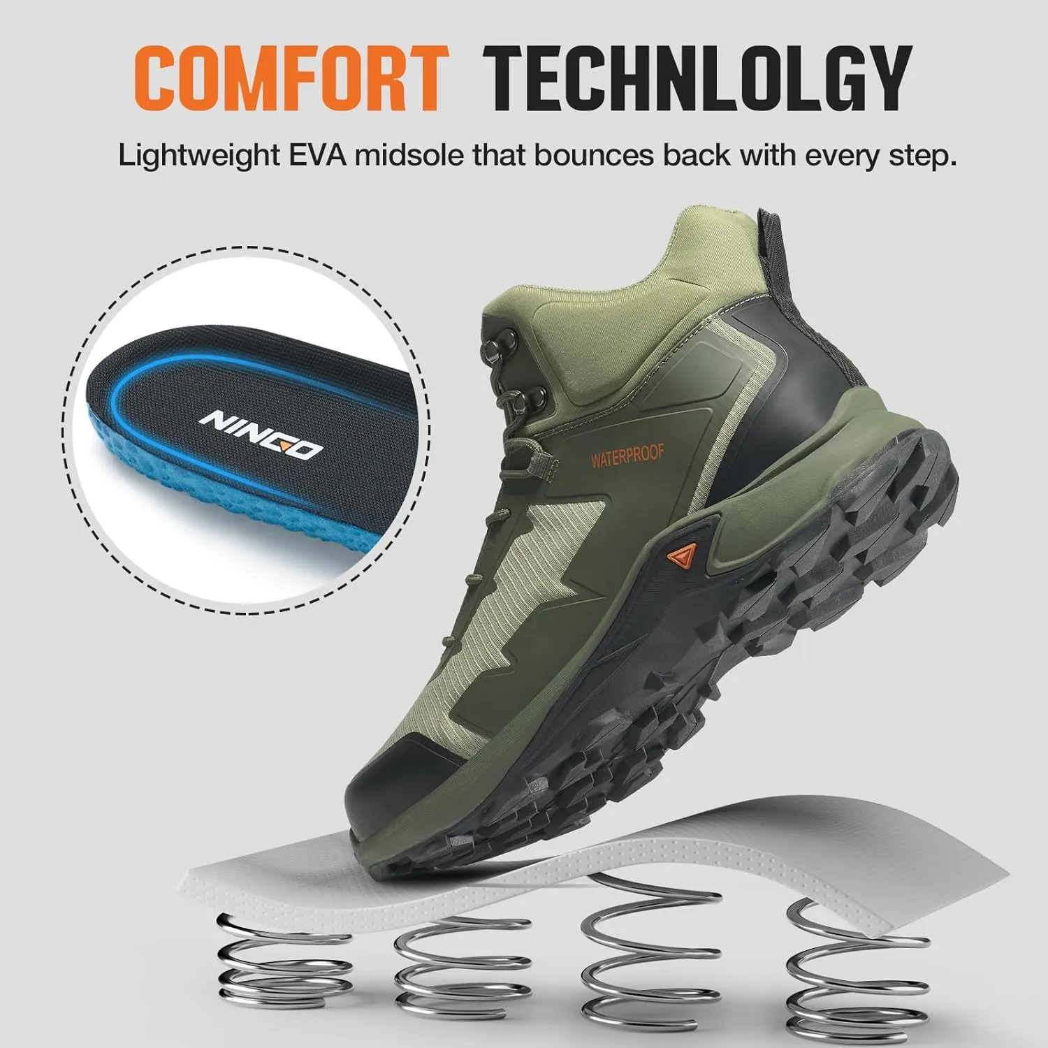 NINGO Men's Hiking Boots Waterproof Hiking Shoes Trail Shoes Lightweight Trekking Boots Comfortable Breathable Outdoor Boot Mid Ankle Boot for Camping, Backpacking, Mountain Trails