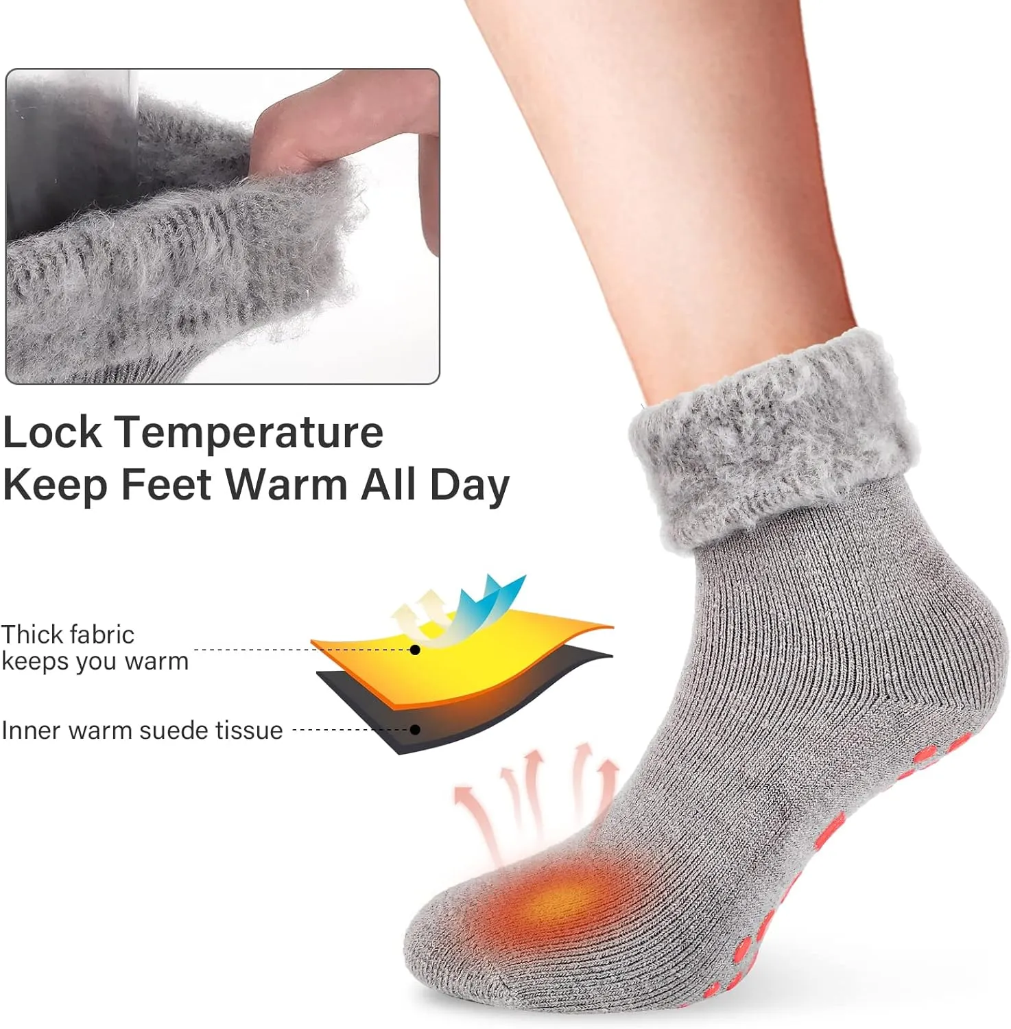 NOVAYARD 3 Pairs Non Slip Thermal Socks Hospital Slipper Crew Grip Cozy Wool socks Men Women